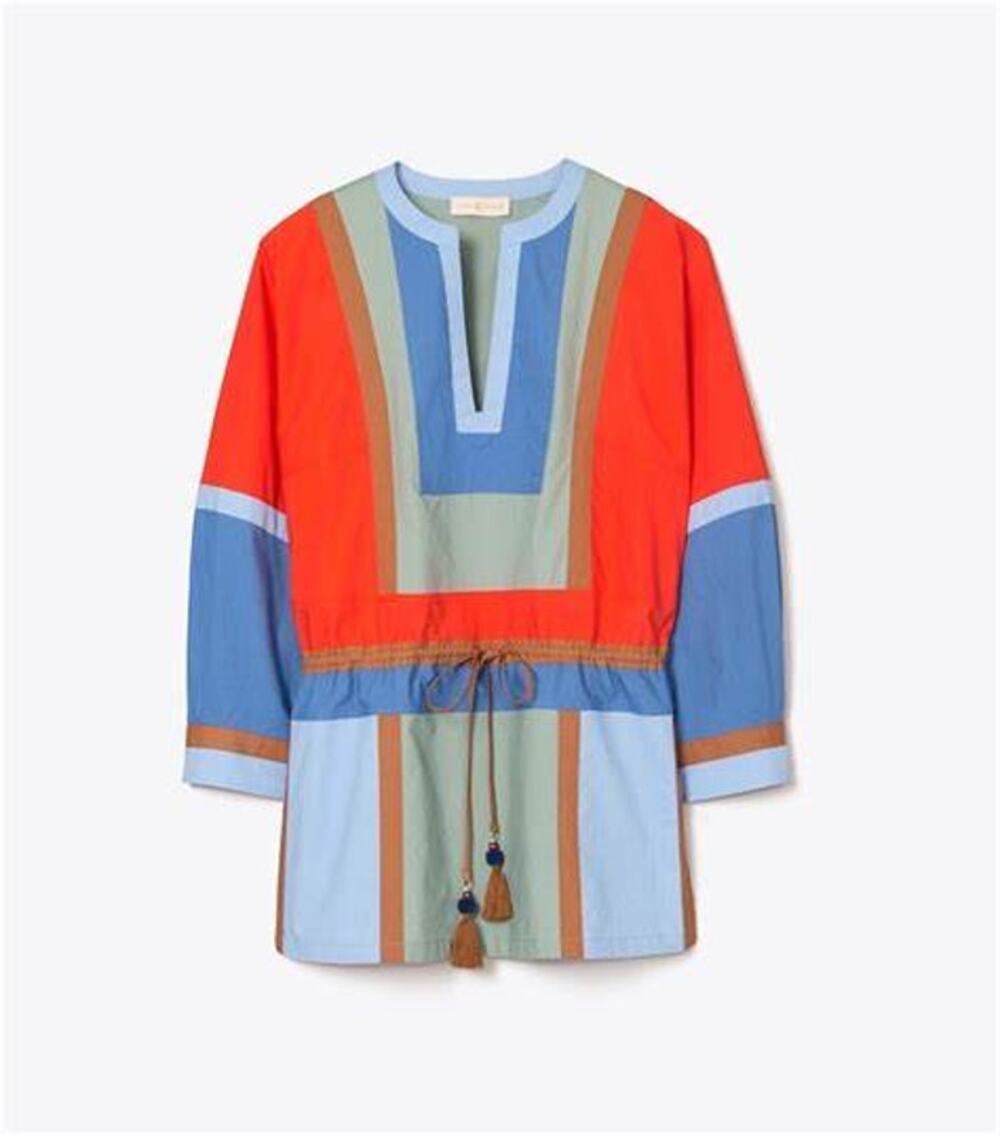 TORY BURCH  COLOR-BLOCK POPLIN TUNIC Color Dark Seafoam Size 4
